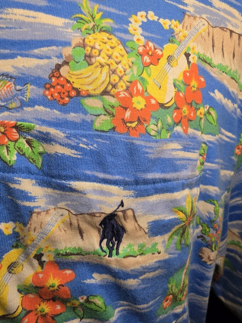 Ralph Lauren Blue Hawaiian Polo with Green Island Motifs